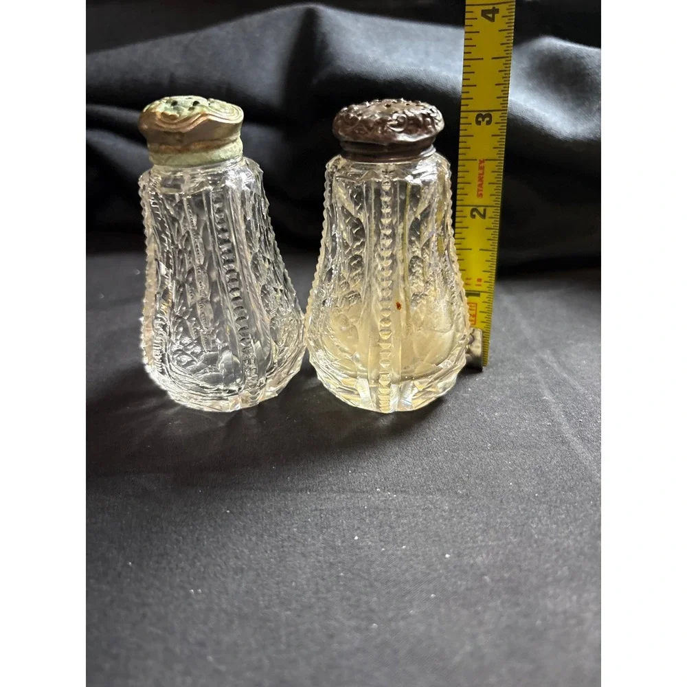 Antique Pressed Glass Salt and Pepper Shakers Ornate Metal Lids Victorian Set